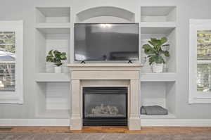 Room details featuring built in shelves and a premium fireplace