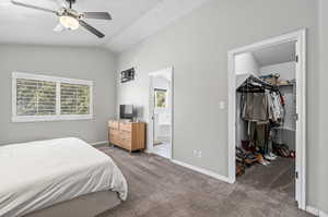 Bedroom with carpet floors, a spacious closet, ceiling fan, and a closet