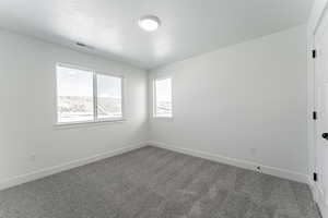 Carpeted empty room featuring a textured ceiling