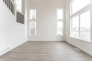 Empty room featuring a high ceiling, a healthy amount of sunlight, and light hardwood / wood-style flooring