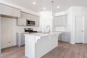 Kitchen with light wood-type flooring, a center island with sink, sink, appliances with stainless steel finishes, and pendant lighting