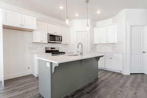 Kitchen featuring appliances with stainless steel finishes, sink, pendant lighting, white cabinets, and a kitchen island with sink