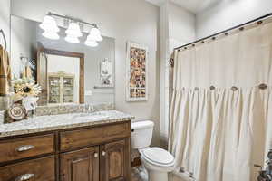 Bathroom with vanity, toilet, and a shower with shower curtain