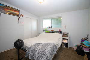 Bedroom featuring vaulted ceiling, dark colored carpet, and a closet