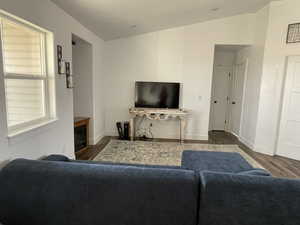 Living room featuring vaulted ceiling and dark wood-type flooring