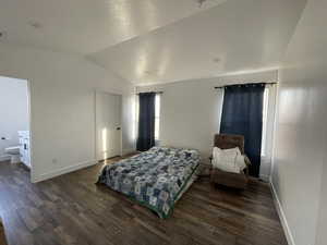 Bedroom with vaulted ceiling, ensuite bath, and dark wood-type flooring