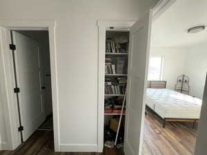 Interior space with dark hardwood / wood-style flooring and a closet