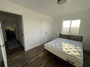 Bedroom featuring dark hardwood / wood-style flooring and a closet