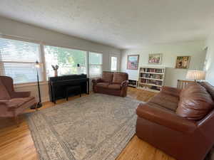 Living room featuring a textured ceiling and light hardwood / wood-style floors