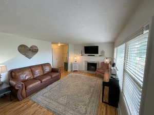 Living room with light hardwood / wood-style floors and a textured ceiling