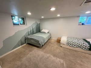 Bedroom featuring multiple windows, a textured ceiling, and carpet flooring