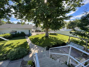 View of yard featuring a trampoline and a patio