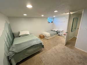 Carpeted bedroom featuring a textured ceiling