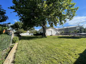 View of yard with a trampoline and an outdoor structure