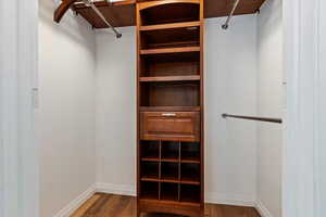 Spacious closet with dark wood-type flooring