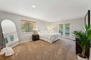 Carpeted bedroom featuring multiple windows and access to outside