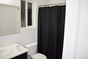 Bathroom featuring walk in shower, vanity, and toilet