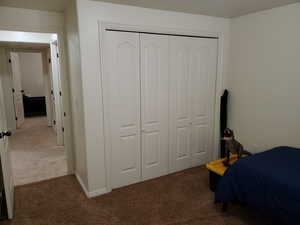 Bedroom with light carpet and a closet