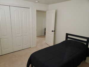 Carpeted bedroom with a closet