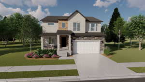 View of front of property with a front lawn and a garage