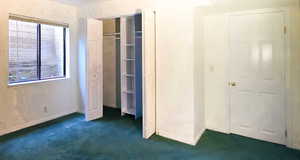 Unfurnished bedroom featuring a closet organizer with a West window