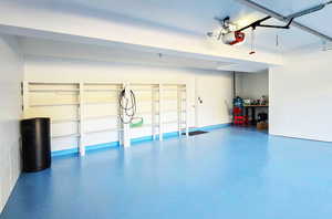 Garage with a garage door opener and finished flooring and a shop area