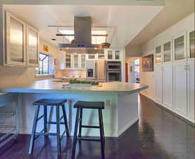 Kitchen featuring white cabinets, kitchen peninsula, island range hood, appliances with stainless steel finishes, and a kitchen bar