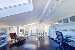 Studio / Office Space with natural light from skylight. Featuring a sink, a view of the Mountains and Valley to the South, and lofted ceiling with beams and dark hardwood / wood floors