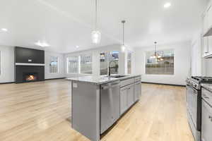 Kitchen featuring light hardwood / wood-style flooring, stainless steel appliances, a center island with sink, and sink