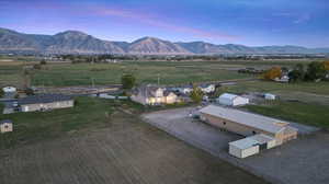 Aerial view at dusk with a mountain view