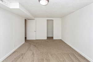 Interior space featuring a closet, carpet, and a textured ceiling