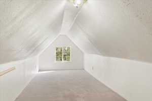 Bonus room featuring carpet, vaulted ceiling, and a textured ceiling