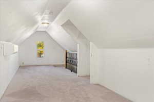 Bonus room featuring a textured ceiling, vaulted ceiling, and light carpet