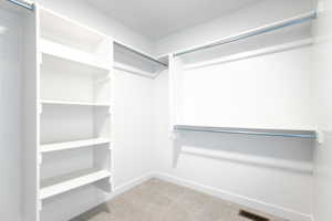 Walk in closet featuring light carpet