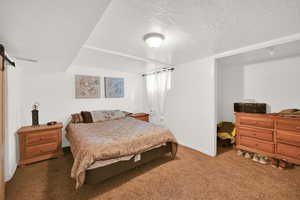 Carpeted bedroom featuring a textured ceiling and a barn door