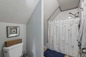 Bathroom featuring walk in shower, a textured ceiling, lofted ceiling, wood-type flooring, and toilet