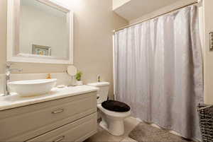 Bathroom with toilet, vanity, and shower/bathtub