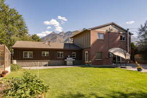 Rear view of property featuring a patio, a mountain view, and a yard