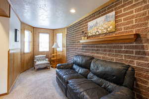 Living room featuring ornamental molding, wood walls, a textured ceiling, and light colored carpet