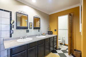 Bathroom featuring crown molding, vanity, and toilet