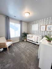 Carpeted bedroom featuring a textured ceiling and a crib