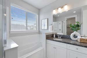 Bathroom with vanity and shower with separate bathtub