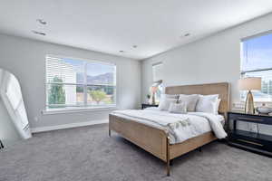 Bedroom featuring a textured ceiling, multiple windows, and carpet floors