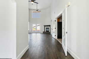 Corridor with dark wood-type flooring and a towering ceiling