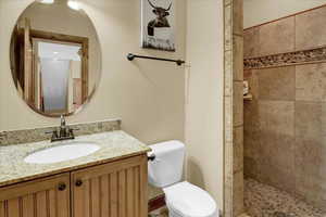 Bathroom on main floor by garage entry featuring a tile shower, vanity, and toilet