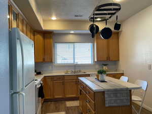 Kitchen featuring white refrigerator, stainless steel range, sink, and dark hardwood / wood-style flooring