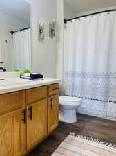 Master Bathroom featuring radiator, vanity, wood-type flooring, walk in shower, and toilet