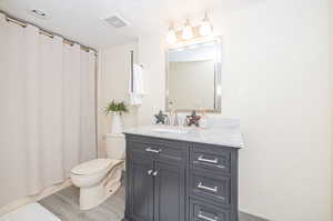 En Suite Bathroom with hardwood / wood-style floors, vanity, toilet, and a shower with shower curtain