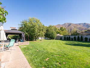 View of yard with a patio, a gazebo, and a mountain view