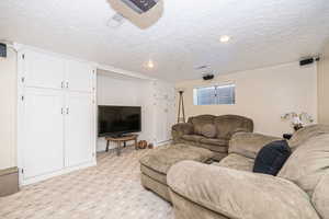 Living room featuring light carpet and a textured ceiling, proector